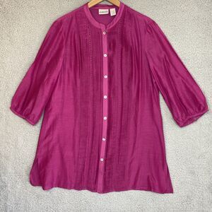 Cottage Shear Peasant Pink Tunic Pleated Womens Top Sz L Silk Blend 3/4 Sleeve